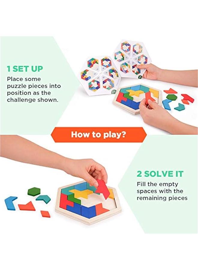 Wooden Hexagon Tangram Puzzle for Kids Adults, Geometric Shape Pattern Blocks, 3D Logic IQ Game, 60 Brain Teaser Challenges, STEM Montessori Educational Toy, Travel Games for Road Trip - Image 3